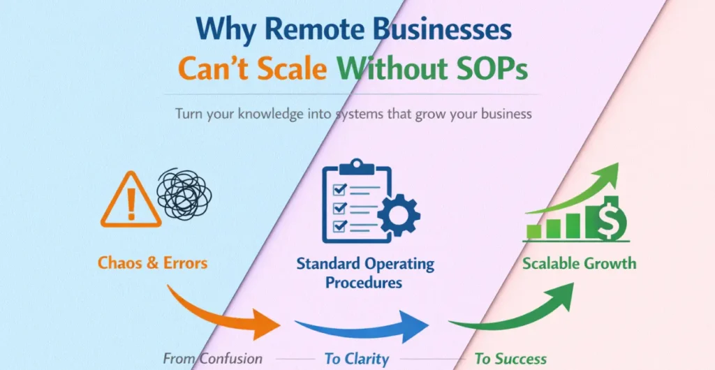 Why remote businesses need SOPs, showing chaos, standard procedures, and scalable growth pathway
