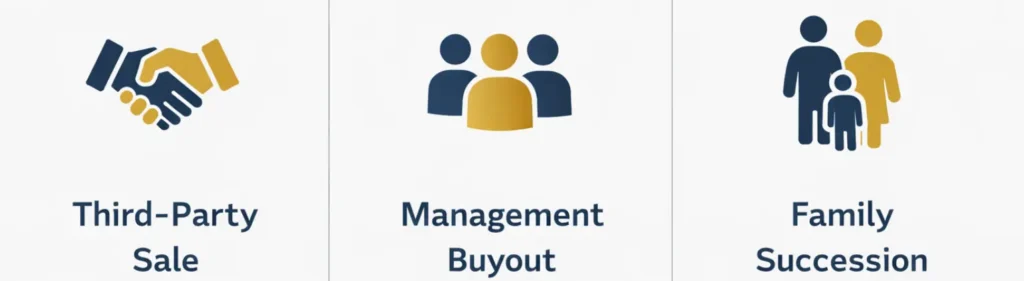 Business exit options diagram showing third-party sale, management buyout, and family succession paths