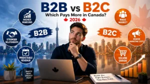 B2B vs B2C in Canada 2026 infographic comparing profit margins, marketing costs, and revenue models