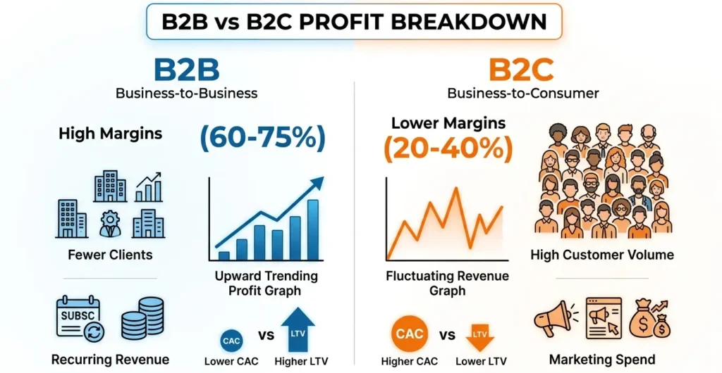 B2B vs B2C profit breakdown infographic comparing margins, CAC, LTV, and revenue models