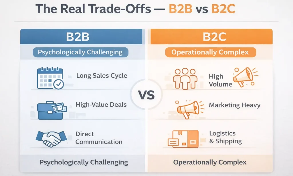 Alt Text: B2B vs B2C trade-offs chart: psychology focus (cycle, deals) vs operation complexity (volume, marketing)
