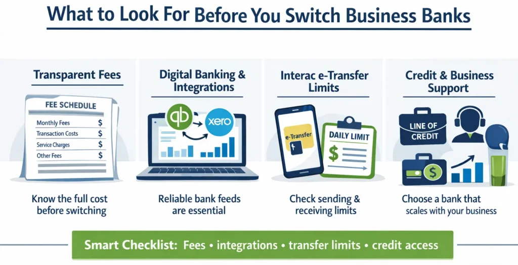 What to look for before switching Canadian business banks, including fees, integrations, transfer limits, and credit access