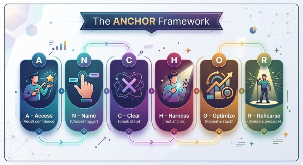 ANCHOR framework infographic showing steps to build confidence using behavioral anchoring NLP technique for executives