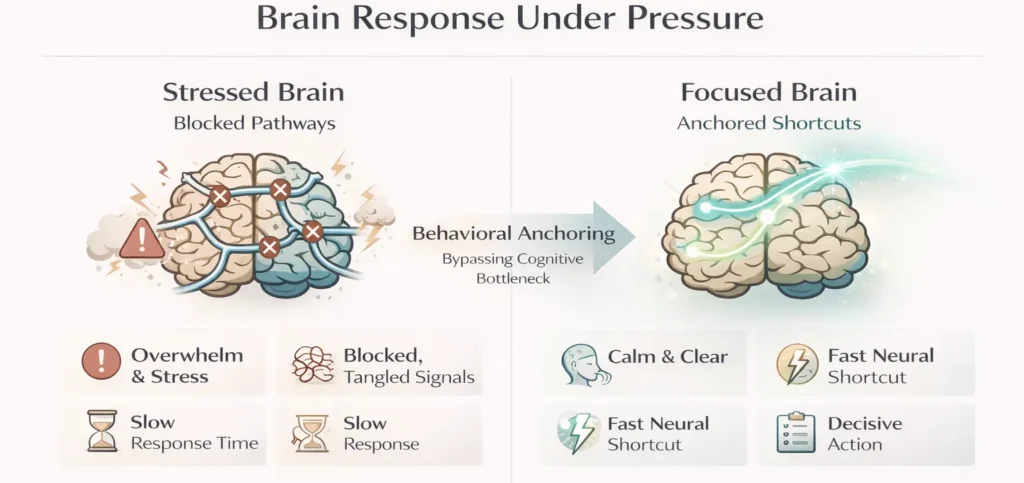 infographic showing why behavioral anchoring works under pressure by bypassing conscious thinking and enabling fast confident decision making in executives