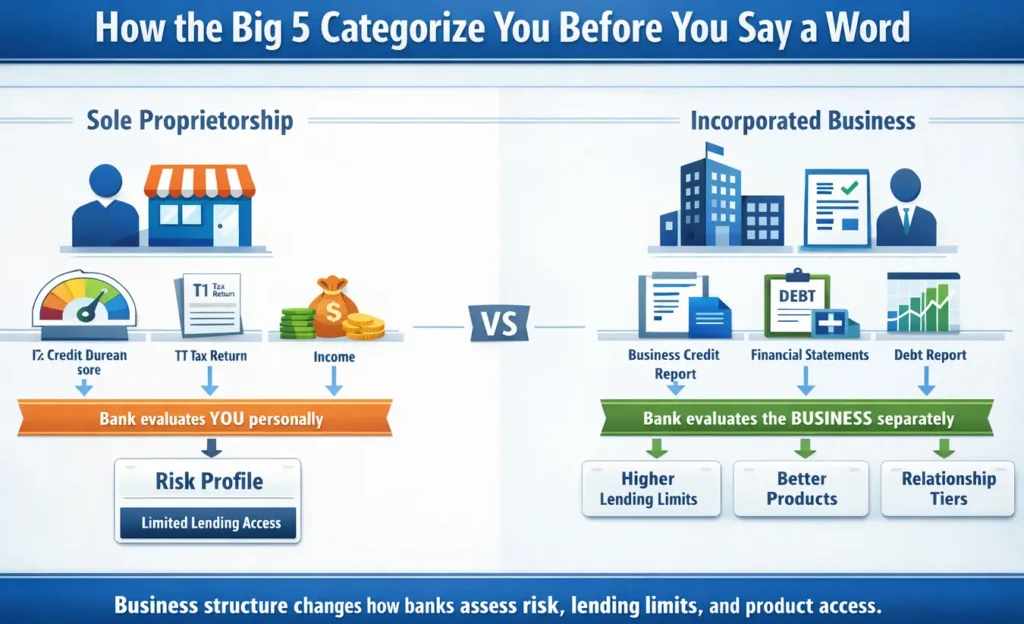 How Big 5 banks in Canada assess sole proprietors vs incorporated businesses for lending risk