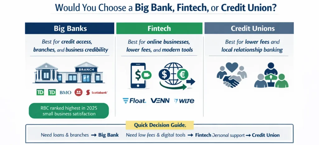 Big bank vs fintech vs credit union comparison for Canadian business banking