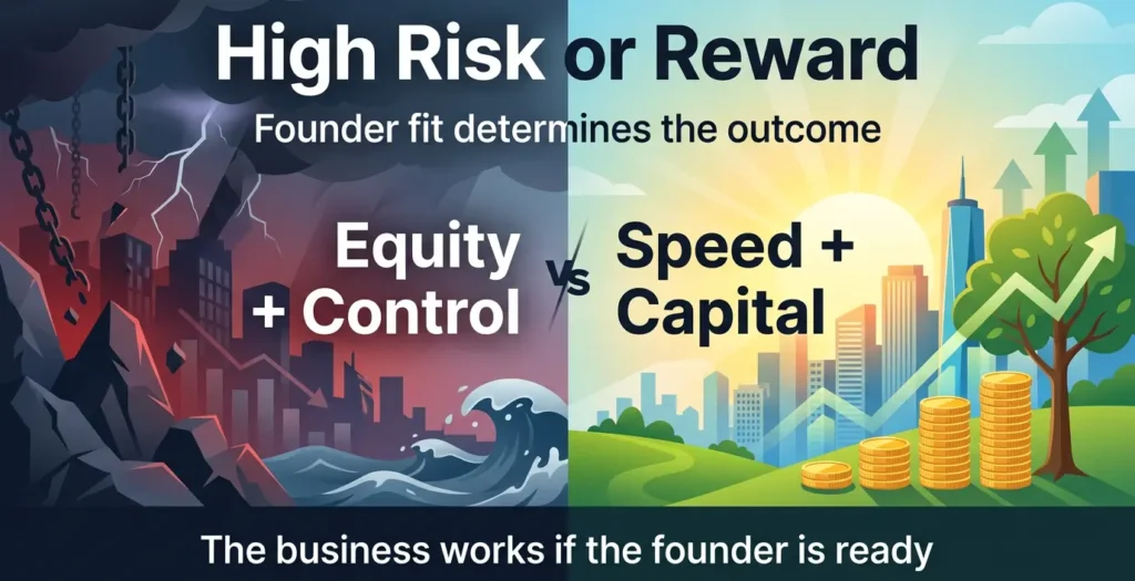 Bootstrapping vs VC funding for SaaS showing equity and control versus speed and capital, highlighting founder trade-offs and growth outcomes