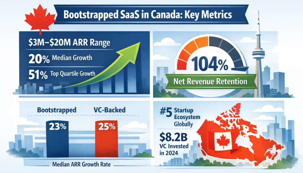 Bootstrapped SaaS in Canada key metrics infographic showing ARR growth rates, 104 percent net revenue retention, and comparison with VC-backed startups