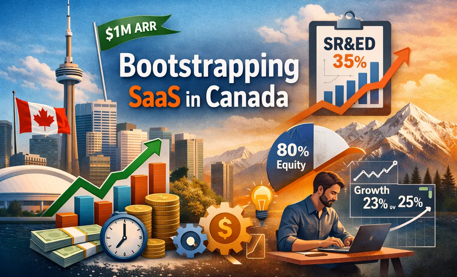 Bootstrapping SaaS in Canada showing how to reach $1M ARR using SR&ED tax credits, revenue growth strategies, and high equity retention
