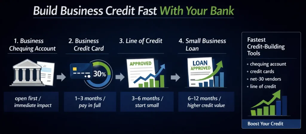 Step-by-step infographic showing how to build business credit fast in Canada using a business chequing account, credit card, line of credit, and small business loan