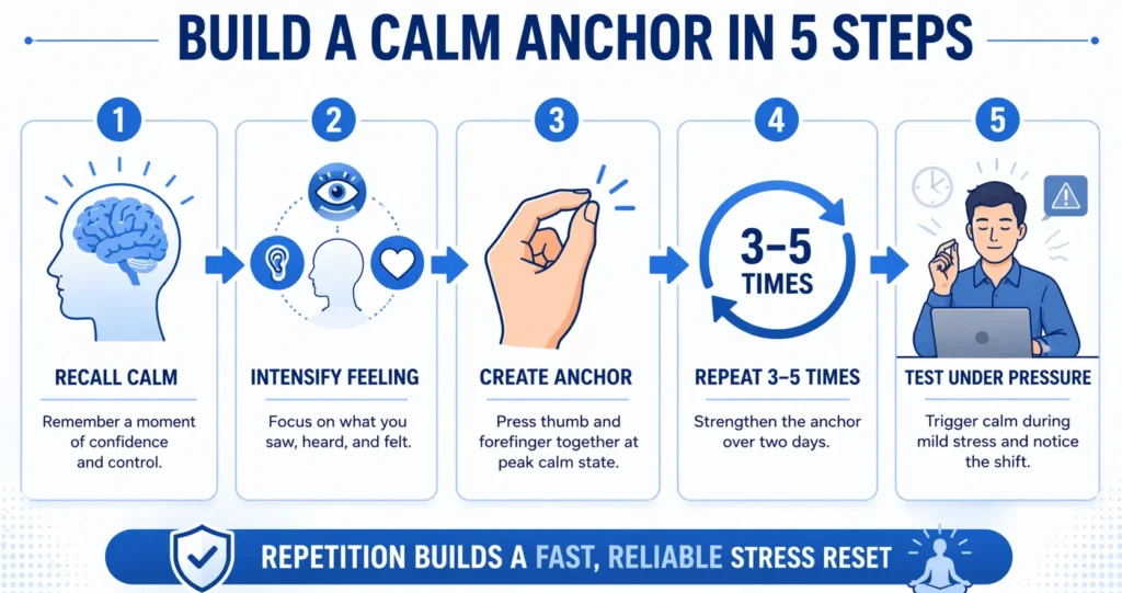 Build a calm anchor in 5 steps infographic showing NLP stress management technique for tech teams in Canada: recall calm, intensify feeling, create anchor, repeat 3–5 times, and test under pressure