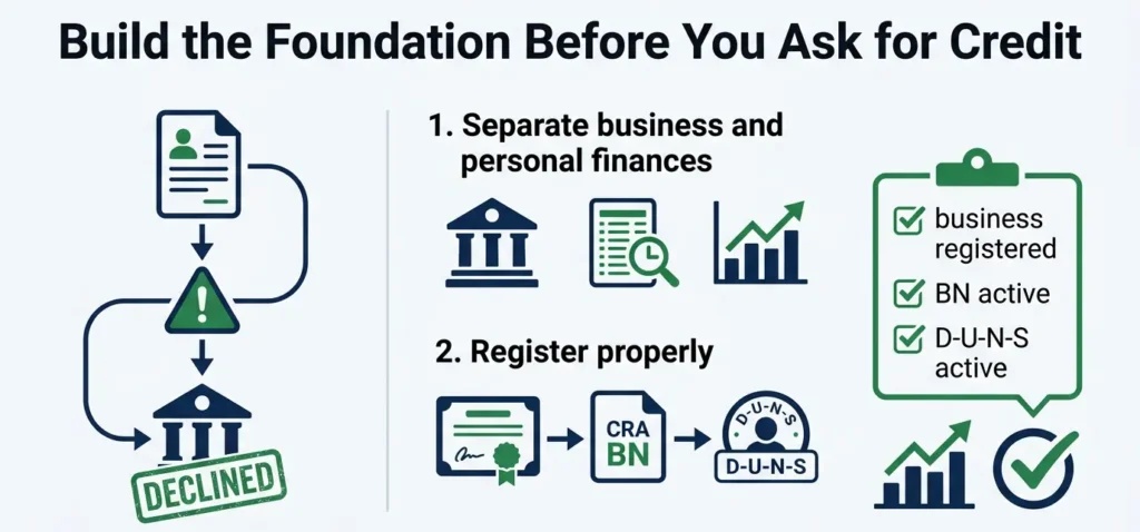 Infographic showing how to build the foundation before applying for business credit in Canada by separating finances and registering the business properly
