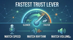 Fastest way to build trust infographic showing communication techniques by matching speed, rhythm, and volume, with visual gauge from slow to fast and audio icons
