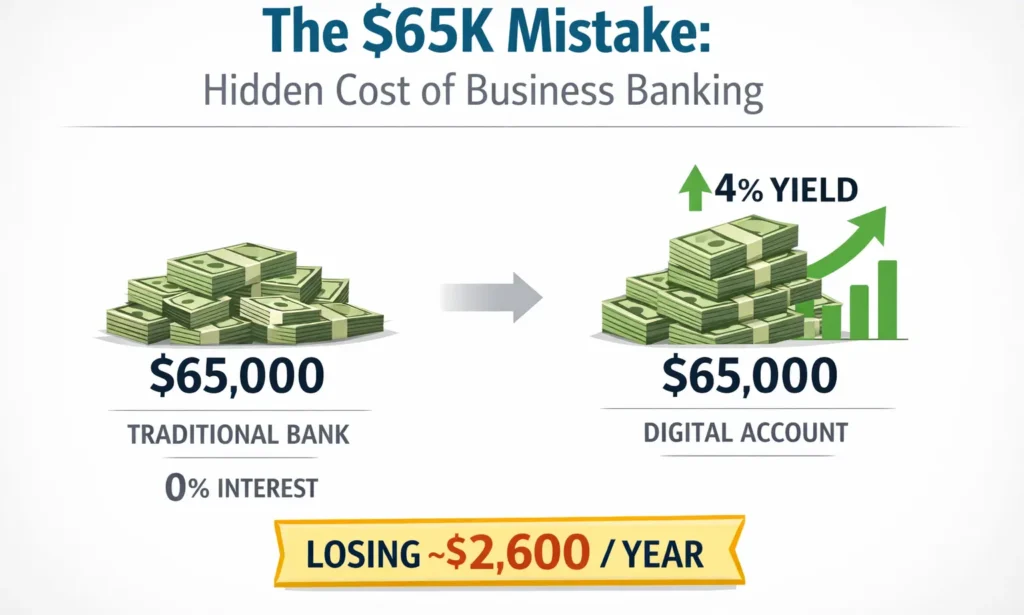 Business banking comparison showing $65000 earning 0 percent interest in traditional bank vs 4 percent yield in digital account losing 2600 dollars per year