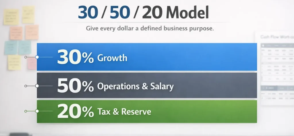 30 50 20 business cash flow allocation model showing 30 percent growth, 50 percent operations and salary, and 20 percent tax reserve for Canadian businesses
