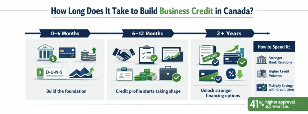 Infographic timeline showing the 12 to 24 month process of building business credit in Canada, from foundation setup to stronger financing approvals