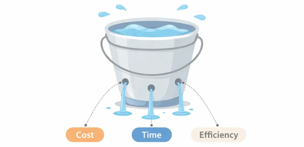 Illustration of business profit leaks showing cost time and efficiency draining from a bucket representing hidden losses in coaching business