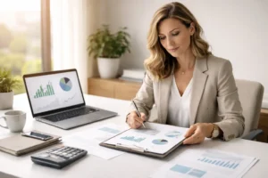 Businesswoman reviewing financial reports and charts while performing a 30-minute business profitability audit for coaching or consulting business