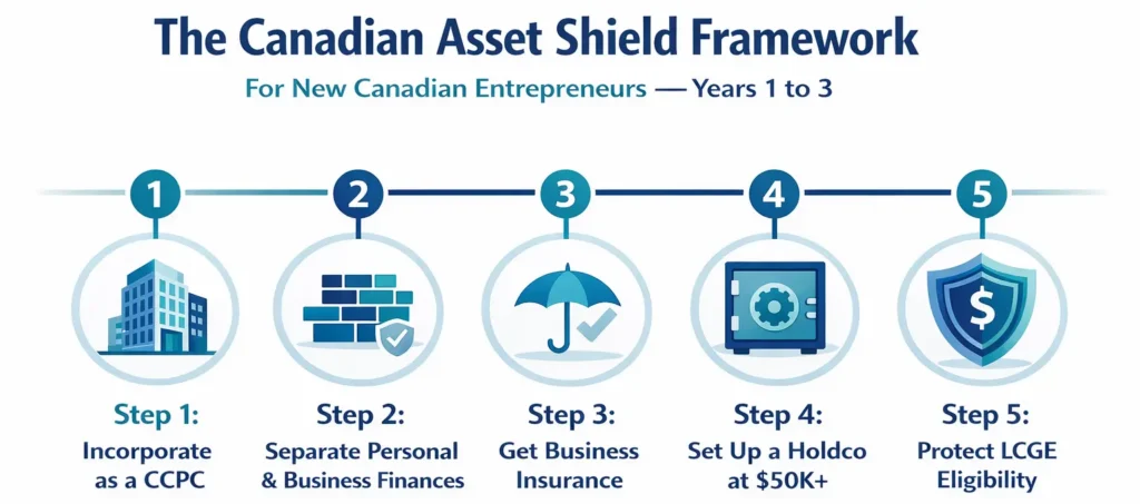 Canadian asset protection framework showing 5 steps including CCPC incorporation insurance Holdco and LCGE strategy