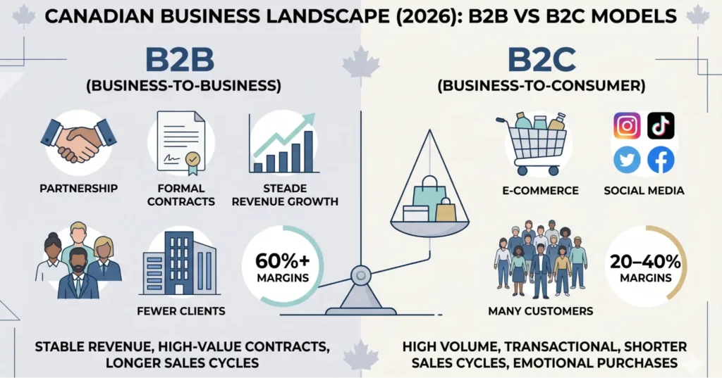 Comparison of 2026 Canadian B2B vs B2C models: B2B focuses on 60%+ margins; B2C on 20-40% margins.