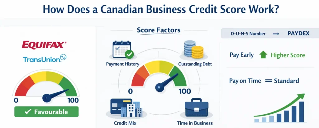 Infographic explaining how a Canadian business credit score works using Equifax, TransUnion, PAYDEX, payment history, debt, and time in business