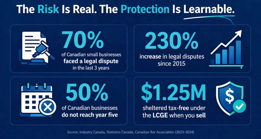 Canadian small business risk statistics showing legal disputes failure rates and LCGE tax-free capital gains protection
