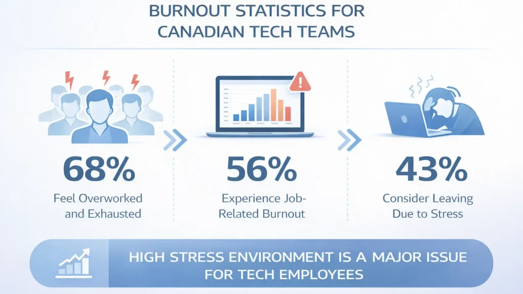 Burnout statistics infographic for Canadian tech teams showing workplace stress exhaustion and employee turnover risk percentages