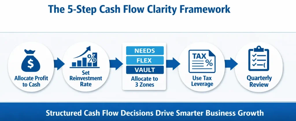 5 step cash flow clarity framework for Canadian businesses covering profit allocation, reinvestment rate, tax leverage, and quarterly review