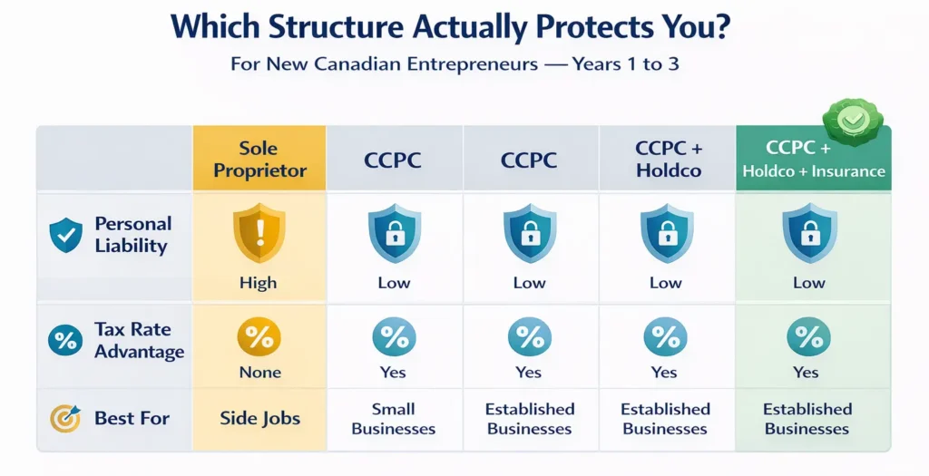 Comparison of sole proprietor CCPC and holding company structures for asset protection strategies Canadian entrepreneurs