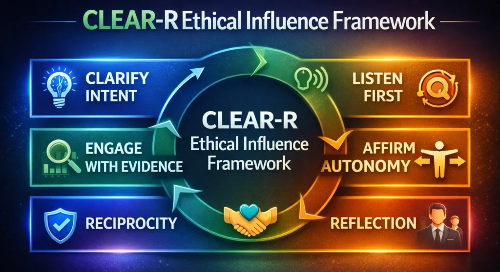 CLEAR-R ethical influence framework infographic showing clarify intent, listen first, evidence, autonomy, reciprocity, and reflection
