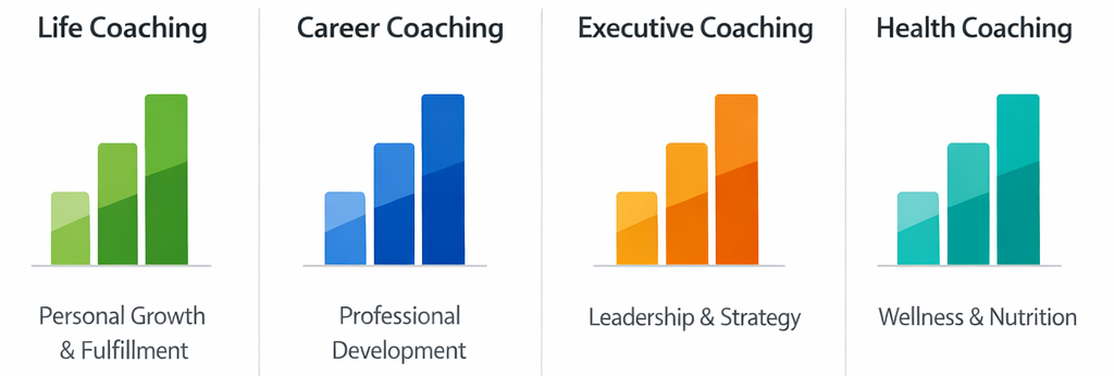 Comparison of coaching types including executive coaching, business coaching, life coaching, and team coaching with focus scope duration and measurability
