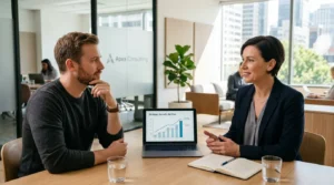 Professional using cognitive reframing techniques in sales conversation to handle objections and close high-value deals