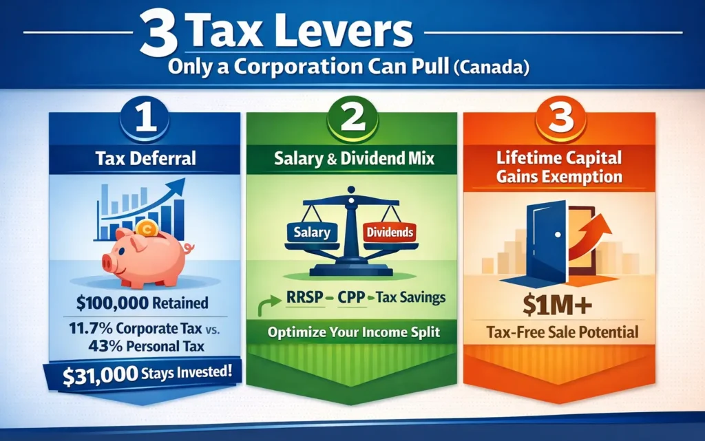 Three major tax benefits of incorporation in Canada including tax deferral, salary and dividend mix, and lifetime capital gains exemption
