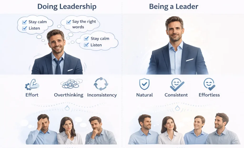 doing vs being leadership showing identity driven leadership vs effort based behavior and team response