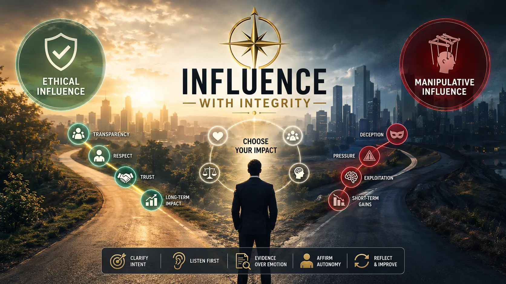 Ethical influence vs manipulation in 2026 visual showing leadership decision path between trust, transparency, and manipulative pressure
