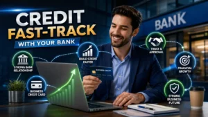 Entrepreneur building business credit fast in Canada using a primary bank relationship, business credit card, and growth strategy dashboard