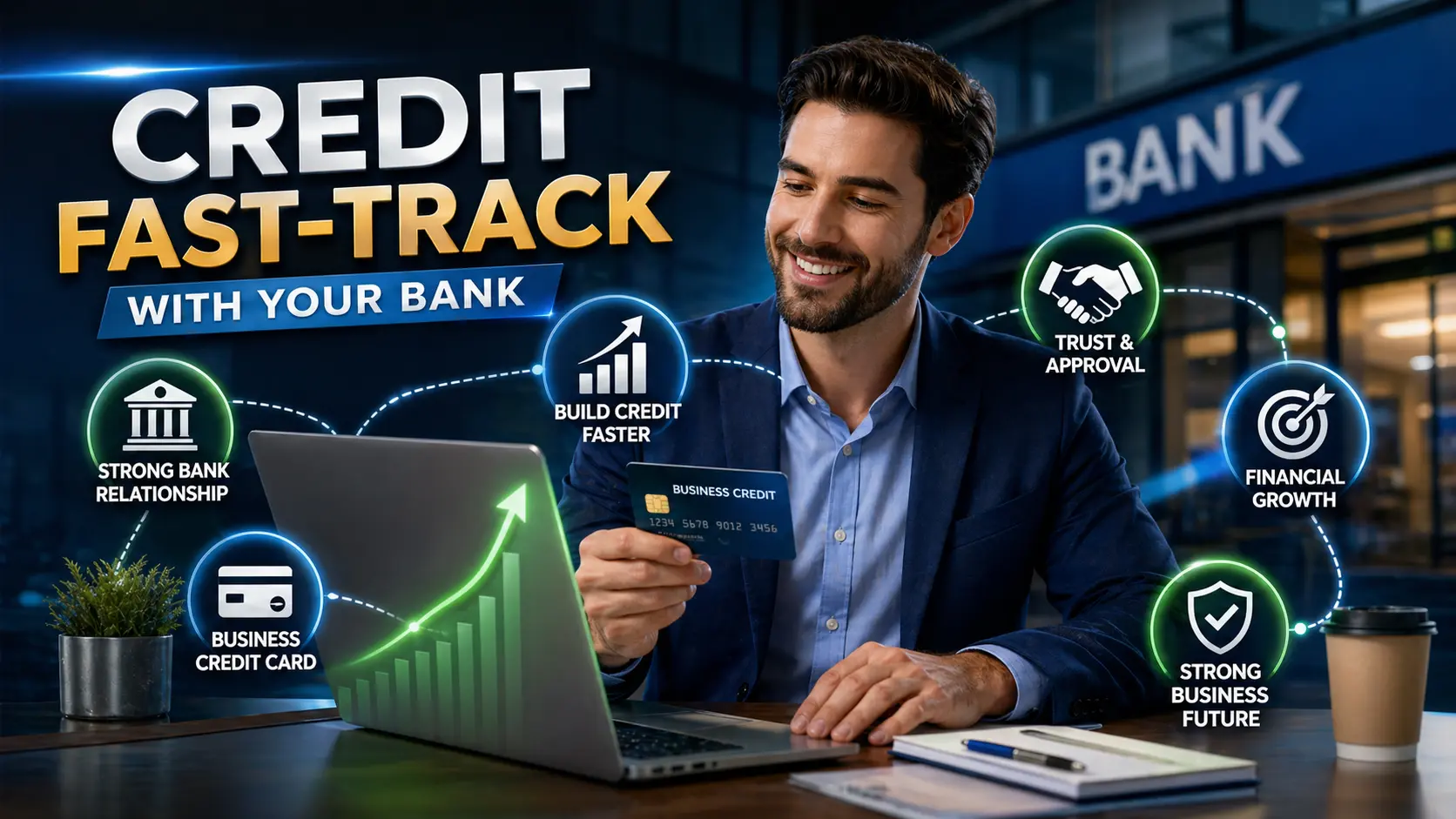 Entrepreneur building business credit fast in Canada using a primary bank relationship, business credit card, and growth strategy dashboard