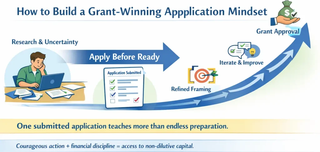 Grant-winning application mindset infographic showing apply before ready, iterate, and improve for business funding success