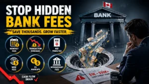 Infographic showing hidden bank fees in Canada draining business cash flow through monthly fees, wire fees, FX markups, and NSF penalties