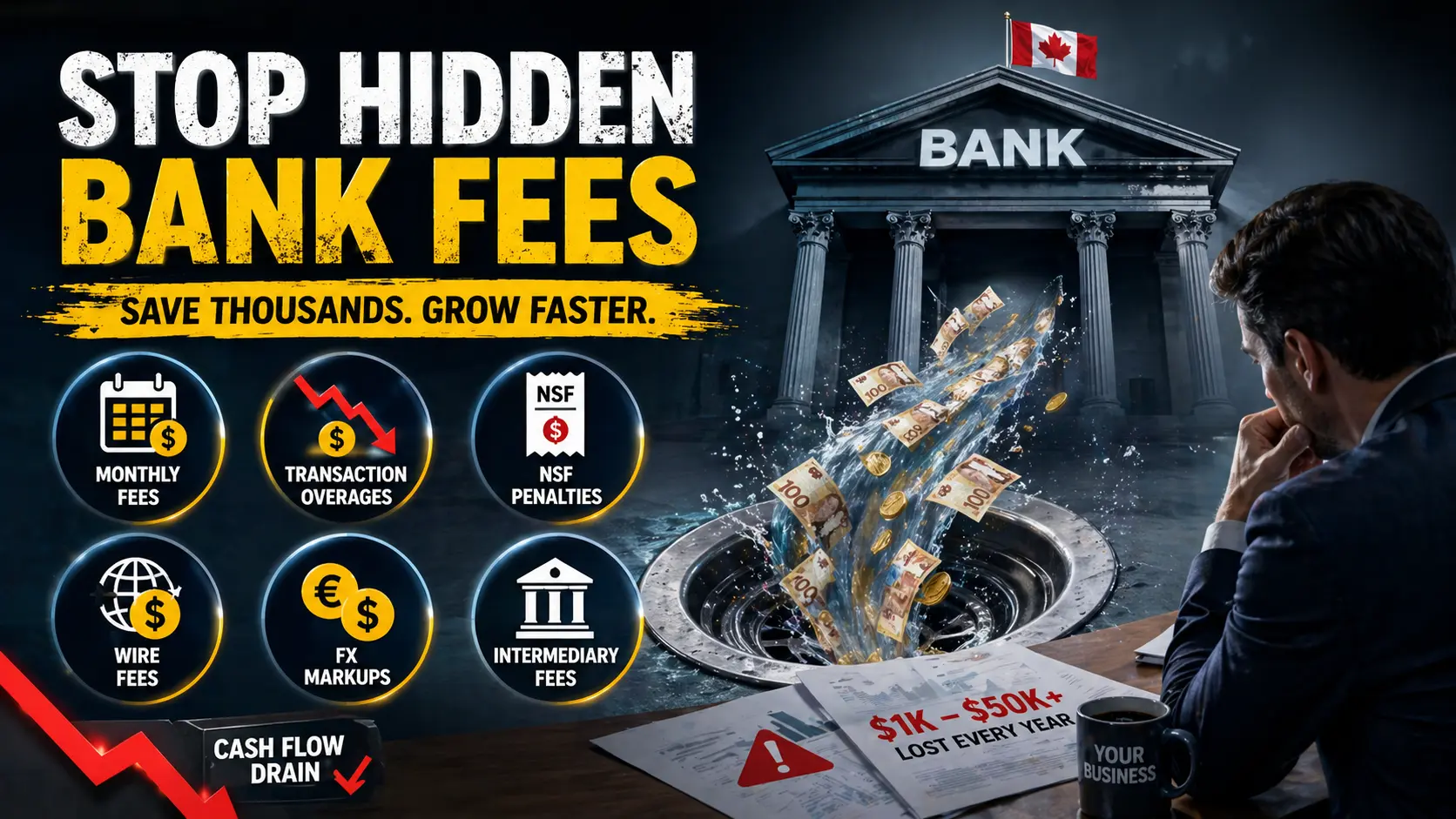 Infographic showing hidden bank fees in Canada draining business cash flow through monthly fees, wire fees, FX markups, and NSF penalties