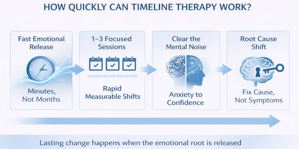 Timeline Therapy process infographic showing fast emotional release, 1 to 3 sessions, mental clarity, and root cause healing