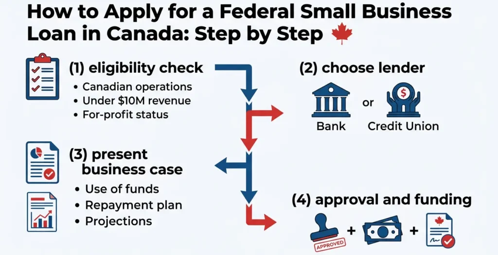 Step by step process to apply for a federal small business loan in Canada including eligibility check, choosing a lender, presenting a business case, and approval with funding