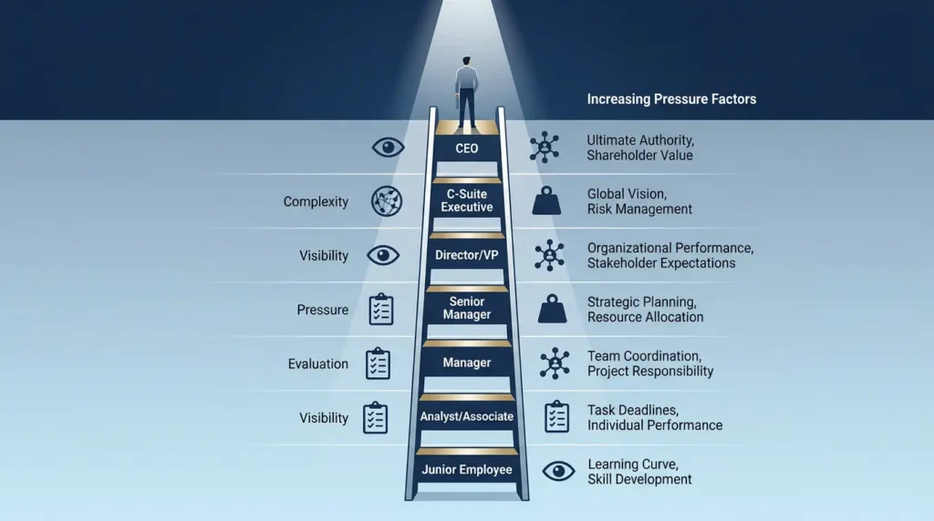 infographic showing why imposter syndrome increases at higher leadership levels with executive pressure ladder and CEO responsibilities