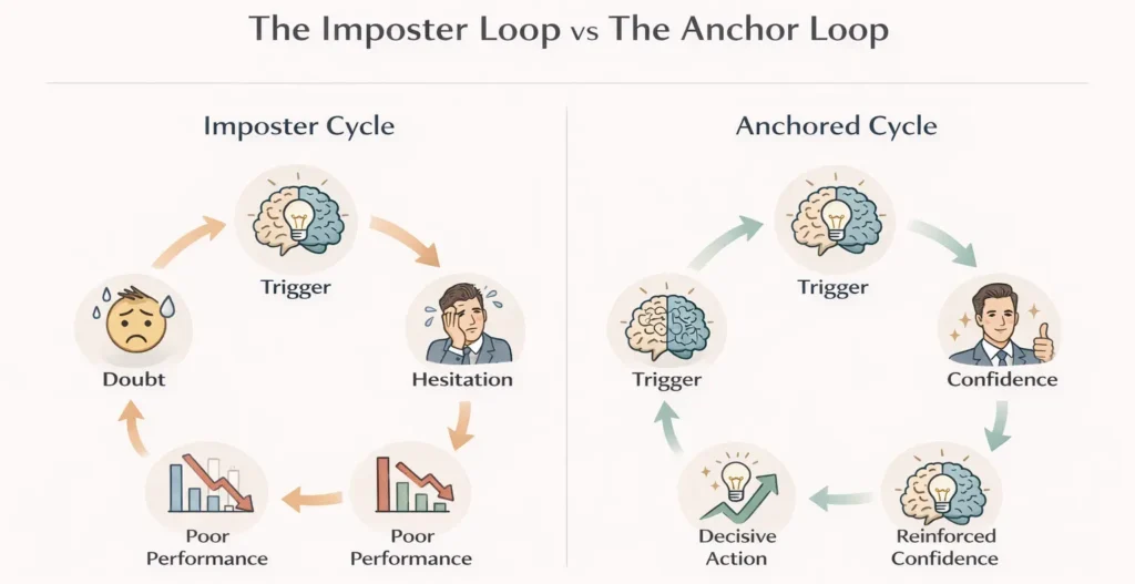 comparison infographic of imposter syndrome cycle vs behavioral anchoring confidence loop for decision making under pressure