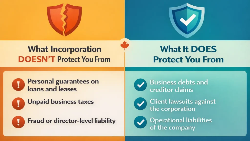 What incorporation does and does not protect in Canada including personal guarantees taxes and corporate liability risks