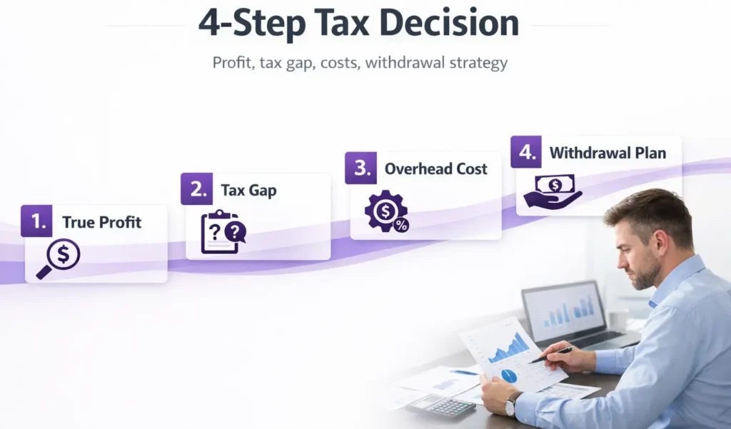 4-step tax decision framework for choosing sole proprietorship vs incorporation in Canada based on profit, tax gap, costs, and withdrawals