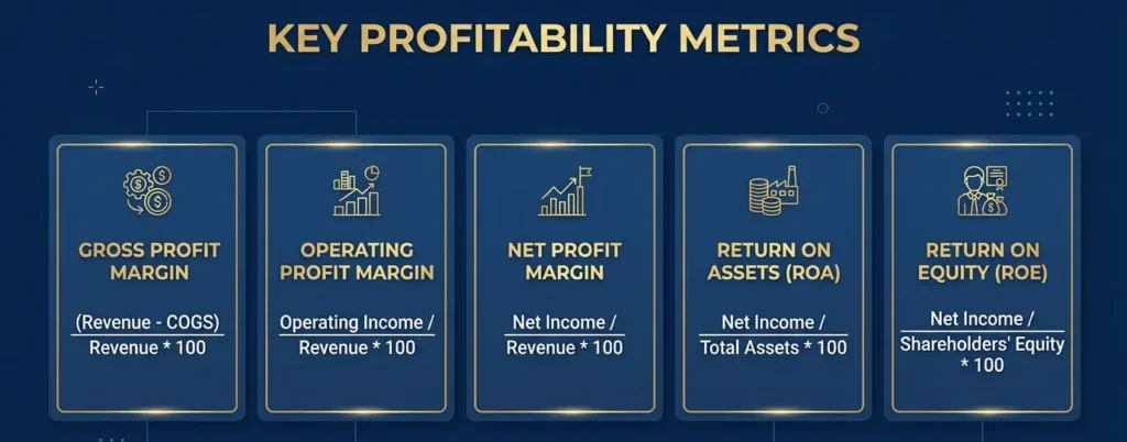 Key profitability metrics including gross profit margin net profit margin return on assets and return on equity formulas for business audit