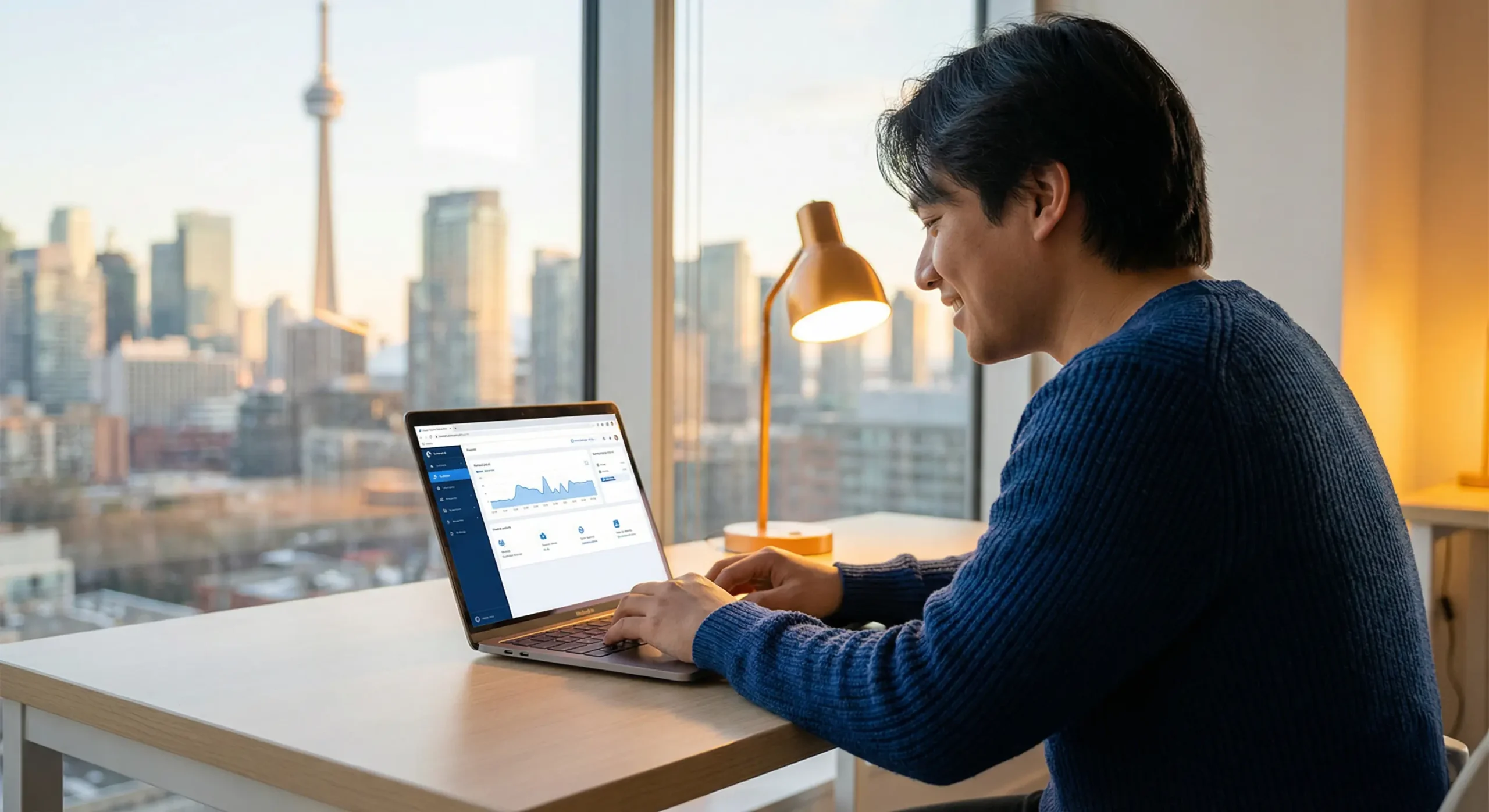 Canadian entrepreneur building a Micro-SaaS business on a laptop dashboard with Toronto skyline in background