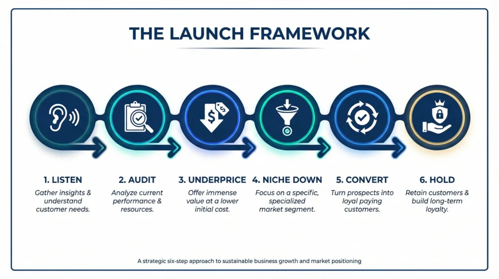 Micro SaaS launch framework steps listen audit niche down convert and retain customers effectively