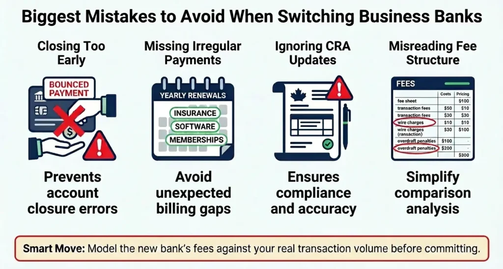 Common mistakes to avoid when switching Canadian business banks, including CRA updates and missed recurring payments